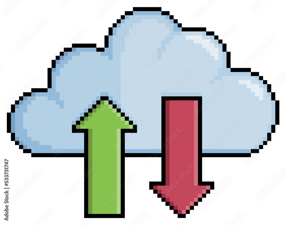 Pixel art download and upload to cloud, cloud data vector icon for 8bit game on white background