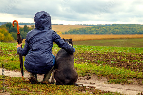 A woman walks her dog in a field after a thunderstorm. Girl with staffordshire terrier in nature on a cloudy day. The concept of freedom, happiness, friendship, nature.