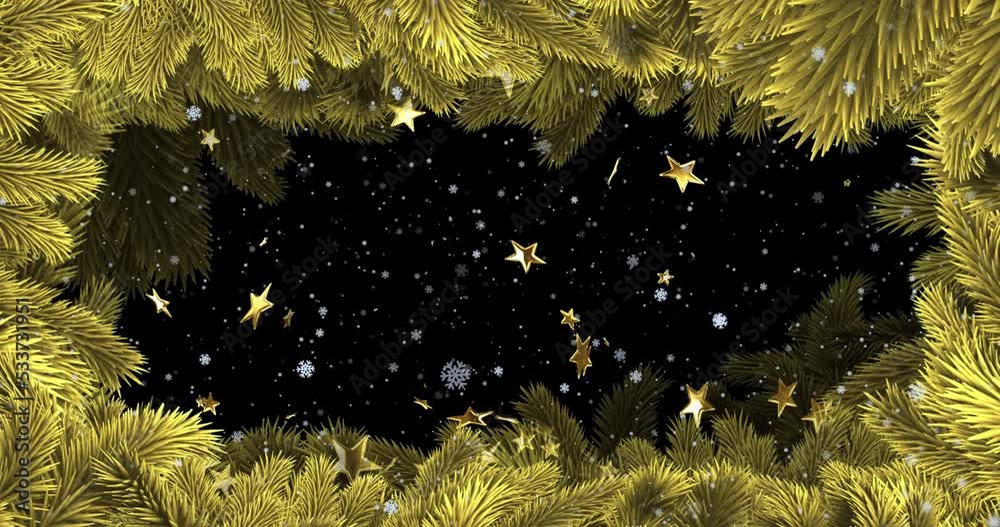 Animation of falling gold stars and white snowflakes with black background and christmas tree border
