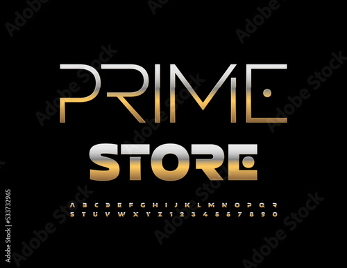 Vector golden logo Prime Store. Premium Alphabet Letters and Numbers set. Unique Artistic Font.
