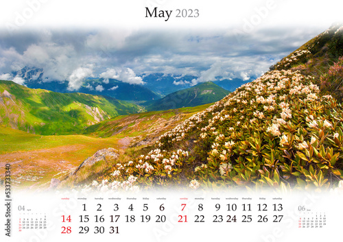Wall calendar for 2023 year. May, B3 size. Set of calendars with amazing landscapes. Blooming white rhododendron flowers on Caucasus hills, Georgia. Monthly calendar ready for print.