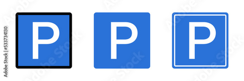 Set of square parking lot sign icons in different styles. Car parking. Vector.