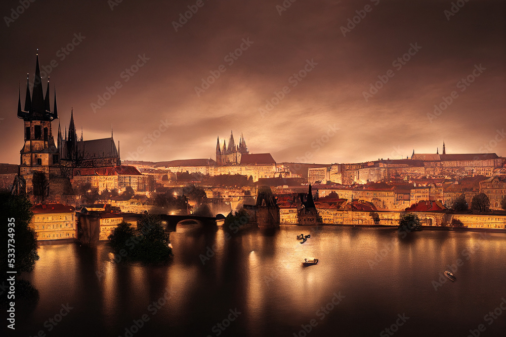 Obraz premium nighttime city steampunk city with lights perfect reflection Digital Art Illustration Painting Hyper Realistic, Prague