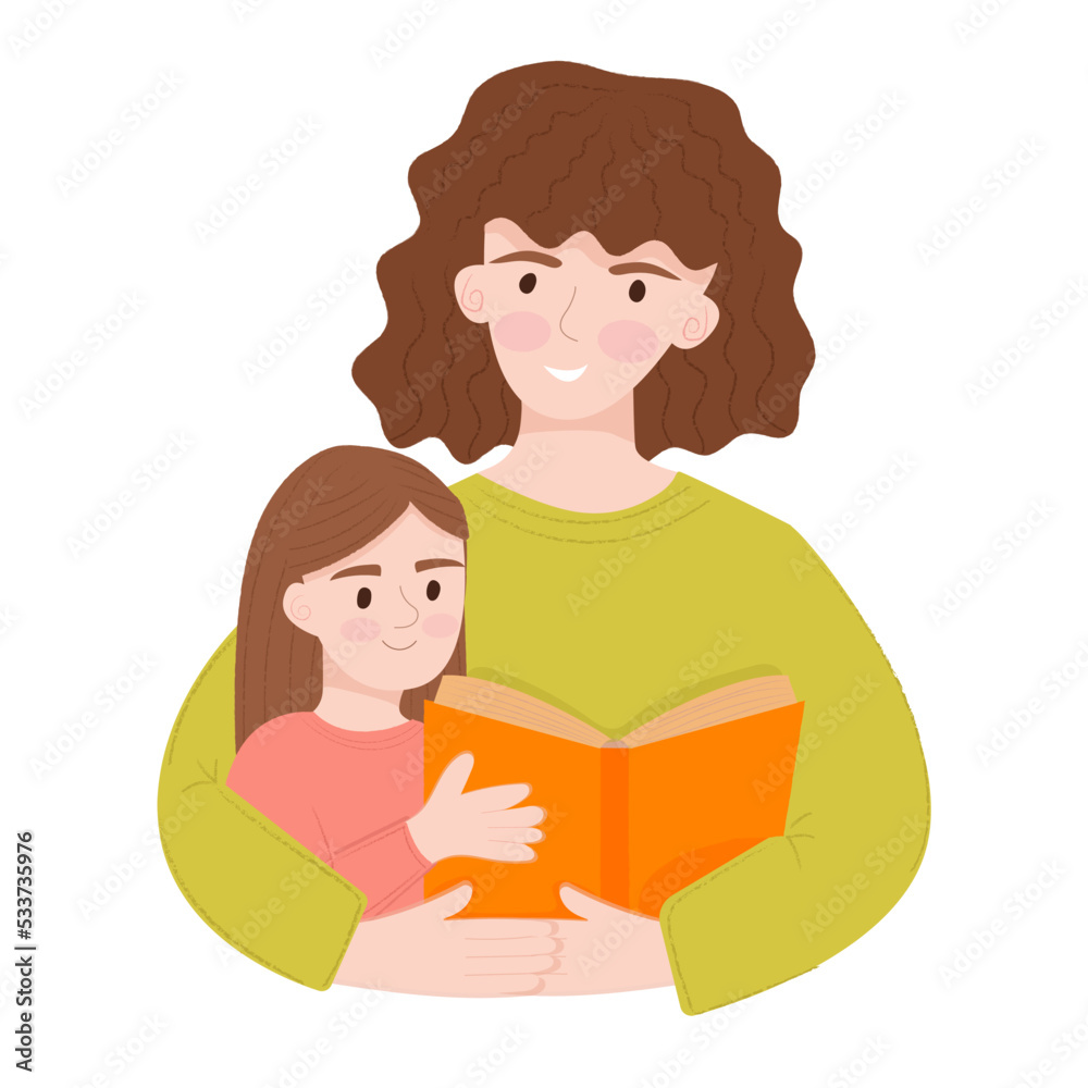 Mother reads a book to her daughter. Time with family at home. A girl sitting on a woman's lap, reading a book together. Illustration of home activities.