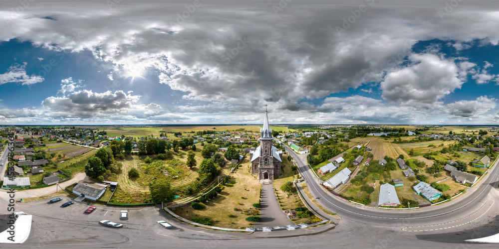 full hdri 360 panorama aerial view of neo gothic temple or catholic church in countryside in equirectangular projection with zenith and nadir. VR  AR content