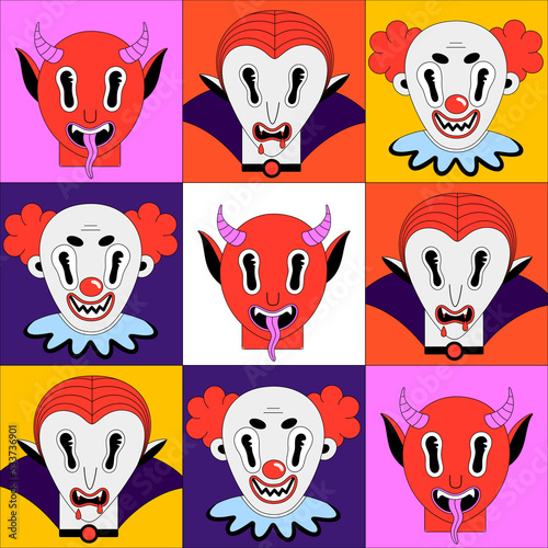Halloween seamless pattern. Colorful spooky fantasy characters in bright frames. Vampire Dracula, clown, devil. Cartoon scary portraits. Black outline. Wallpaper, print on clothes, wrapping paper