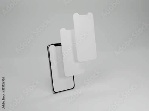 Realistic smartphone mockup 3d rendering with blank screen isolated on white background,