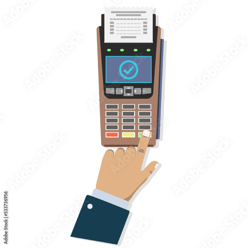 A man's hand entered a successful pin code on the POS terminal to pay for goods and services.