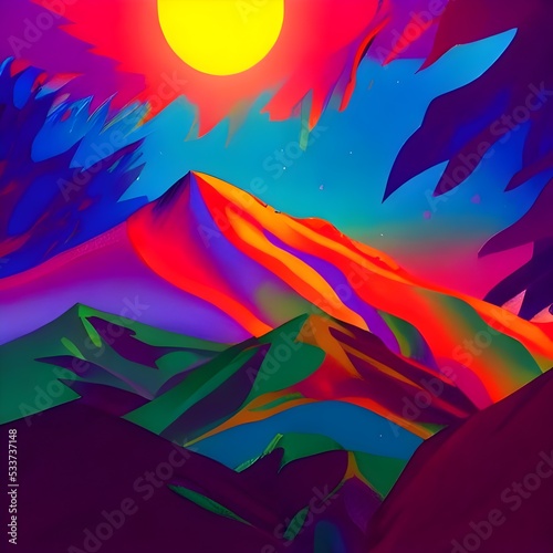 Mountain scenery illusion  moody and colorful digital art  space  sun  artstation painting 