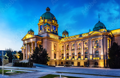 Parliament building in Belgrade, Serbia. Evening view. House of the National Assembly. Belgrade is the capital of Serbia.