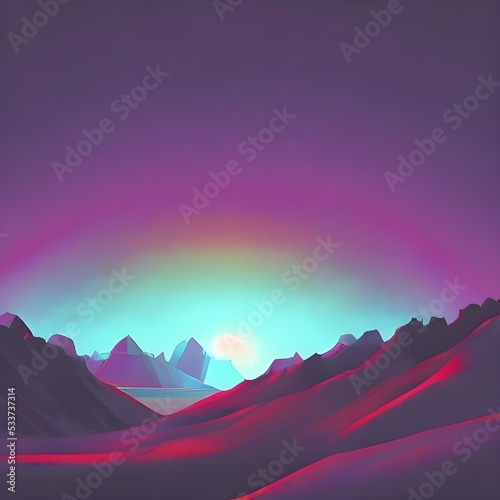 Mountain scenery illusion, moody and colorful digital art, space, sun, artstation painting 