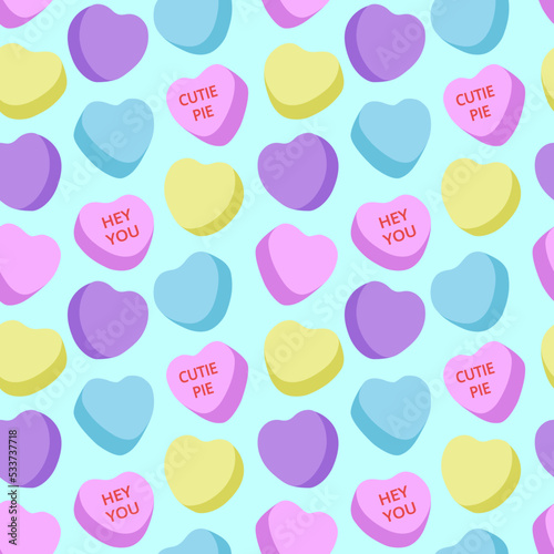 Candy heart seamless pattern, simple, pastel color, valentine,  sweet, kiss, love, sweetheart, cutie pie, hey you, light blue background