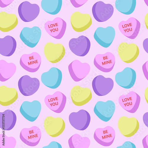 Candy heart seamless pattern, simple, pastel color, valentine,  sweet, kiss, love you, sweetheart, be mine, light pink background