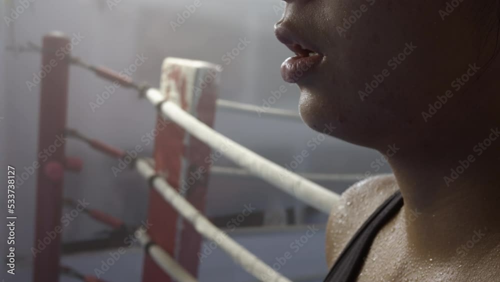 Exhausted female fighter with sweat on face after workout, close up side view. Sportswoman hard training. Endurance, determination, challenge concept