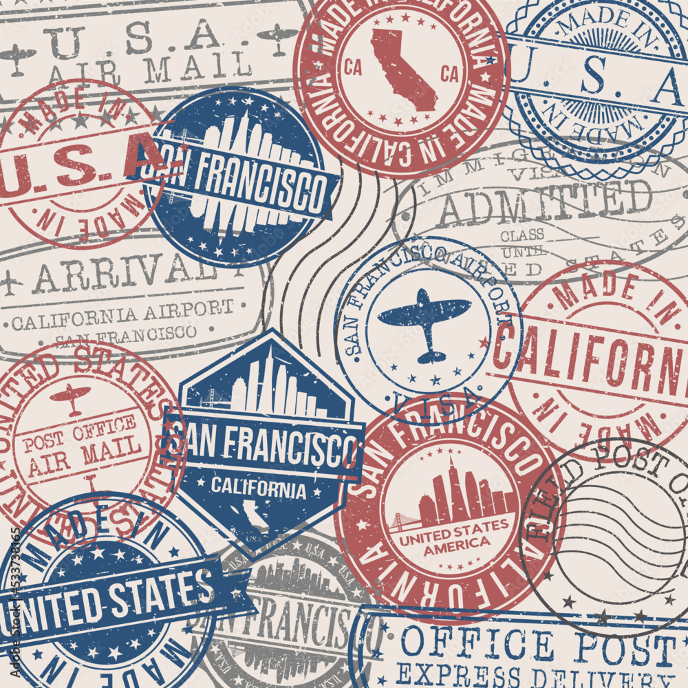 San Francisco, CA, USA Set of Stamps. Travel Stamp. Made In Product. Design Seals Old Style Insignia.