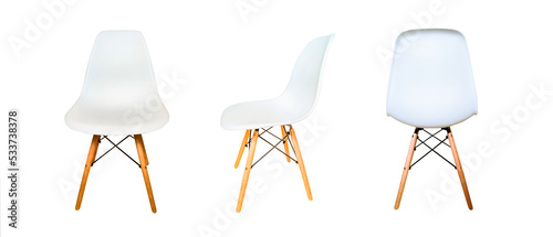White modern chairs with wooden legs isolated on white background. Front view, side view and back view