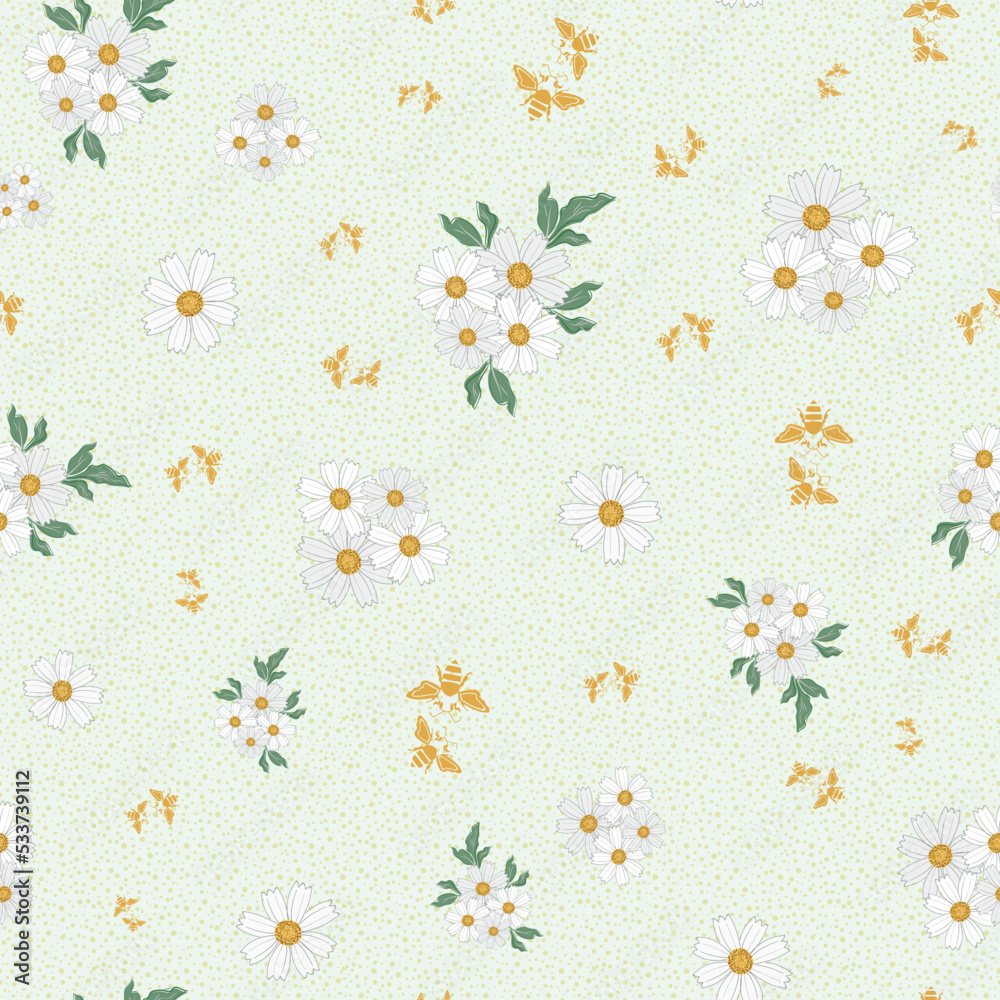 Chamomile floral seamless vector pattern background. Scattered groups of flower heads of ancient medicinal herb on pastel green backdrop. Painterly botanical flora. Nature garden flowers for packaging