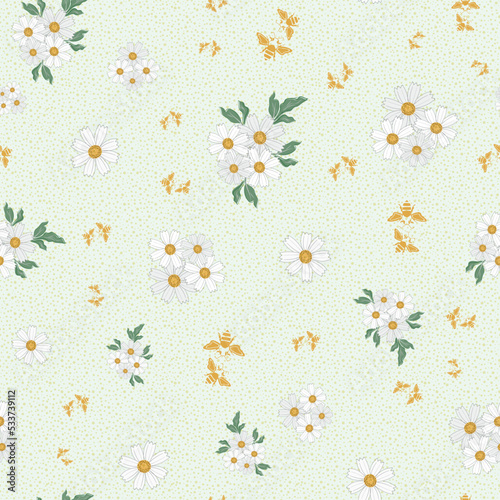 Chamomile floral seamless vector pattern background. Scattered groups of flower heads of ancient medicinal herb on pastel green backdrop. Painterly botanical flora. Nature garden flowers for packaging