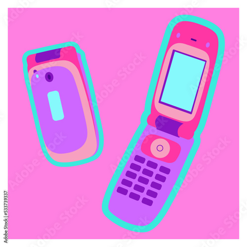 flip phone vintage illustration, colorful, fun, 90s aesthetic, cool design, illustration, technology, vintage, pink background