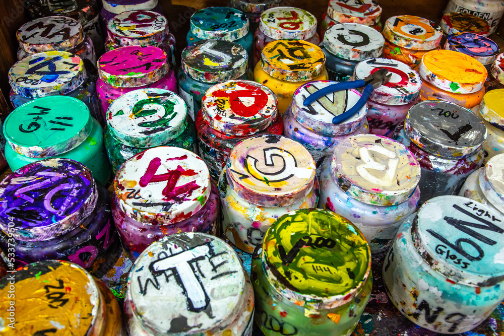 Paint containers in an art studio in Asheville, North Corolina. Paint containers in an art studio in Asheville, North Corolina.
