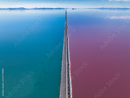 Road Split Red and Blue Water Great Salt Lake