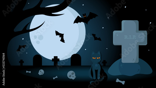 Halloween Vector Background With Night Cemetery Landscape. Full Moon, Graves, Skulls and Bones, Black Cat, Bats. Perfect for Web Sites, Printed Materials, Social Media, etc.