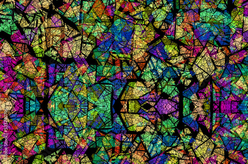 Multi color and Colorful glowing stained glass, Abstract stained glass background , the colored elements arranged in rainbow spectrum, Computer generated graphics