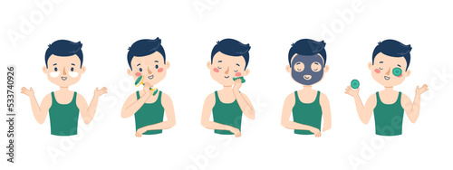 Boy skin care face. Gua sha massage. Using a sheet mask and a cucumber mask. Vector set. Cute man illustration isolated on white background