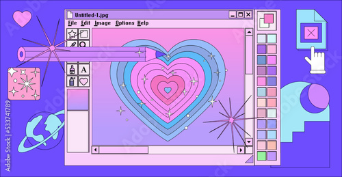Retro user interface with graphic editor window box and icons. Y2K style collage in pastel pink, blue and violet colors.