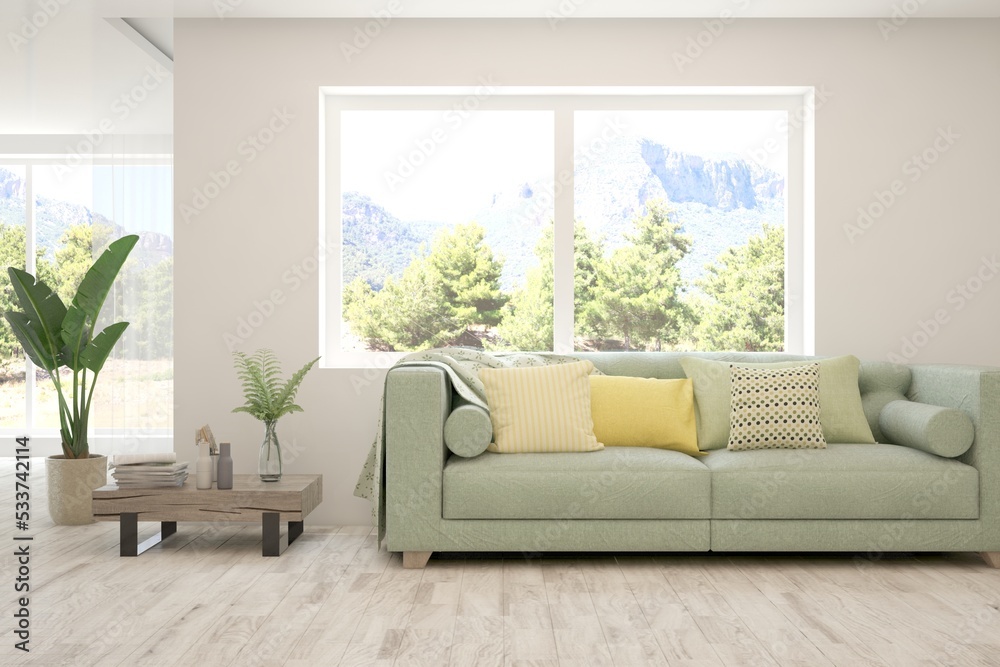 Fototapeta premium White living room with sofa and summer landscape in window. Scandinavian interior design. 3D illustration