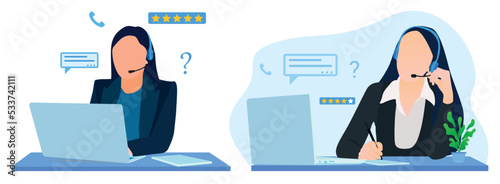 Customer service and call center woman providing valuable information to customer to solve their problems flat vector illustration