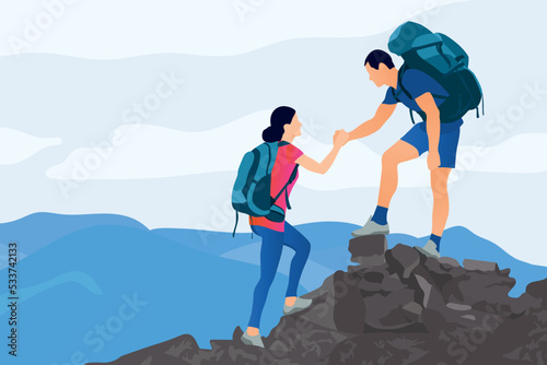 Romantic young couple climbing up mountain and young boy helping girl climbing up mountain pair of hikers flat illustration vector