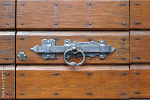 Принти на полотні Modern Steel Handle and Bolt in Close Up on Timber Door