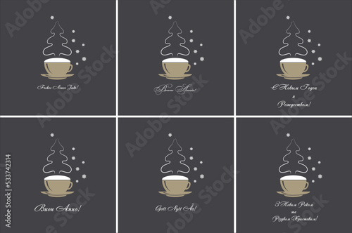 Set of cups with coffee drink with foam and steam in form of silhouette of christmas tree and snowflakes with christmas and new year greetings or congratulations in different languages. Flat style.