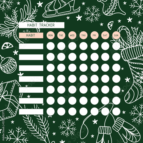 Habit tracker. A planner for the organization of time with a Christmas background. Calendar. Winter mood.