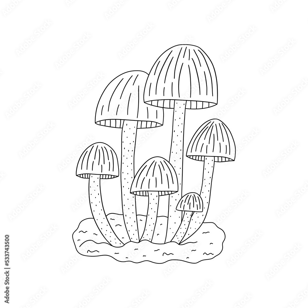 Fototapeta premium Family of fairy mushrooms. Black and white vector isolated illustration hand drawn. Wildlife simple doodle card