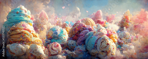 Canvastavla fantasy colorful sweet magical landscape of ice cream and candy on blurred background 3d render