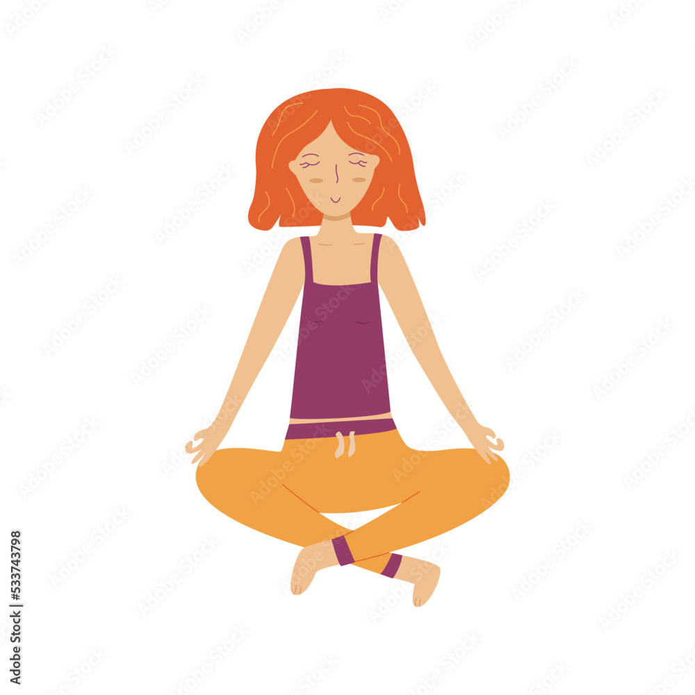 Cute girl with red hair meditates while sitting in the lotus position. Yoga practice for relaxation, balance, energy storage and health promotion. Colorful vector isolated illustration hand drawn Cute girl with red hair meditates while sitting in the lotus position. Yoga practice for relaxation, balance, energy storage and health promotion. Colorful vector isolated illustration hand drawn