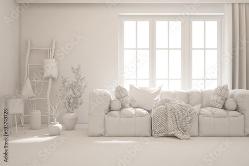 Mock up of minimalist living room in white color with sofa. Scandinavian interior design. 3D illustration