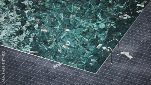 Pool full of money - dollars swimming in blue water