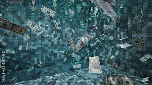 Pool full of money - dollars sinking,floating in blue water