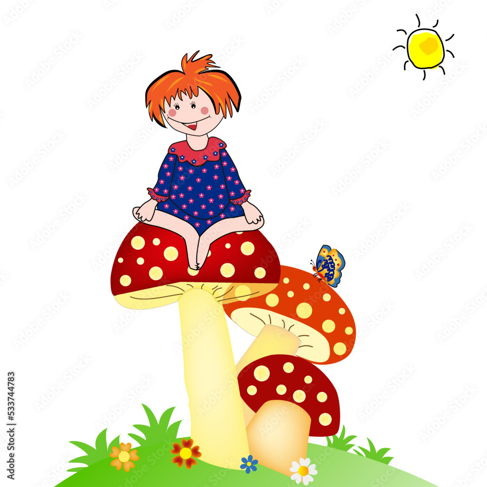 Niña feliz sentada en una seta en el campo.