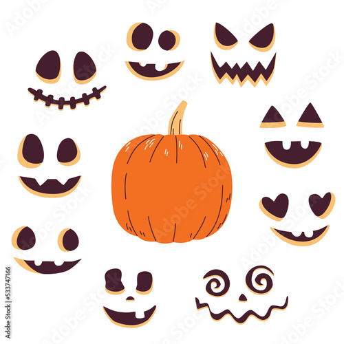 Orange pumpkin with different funny smile. Collect your own pumpkin. Vector illustration.