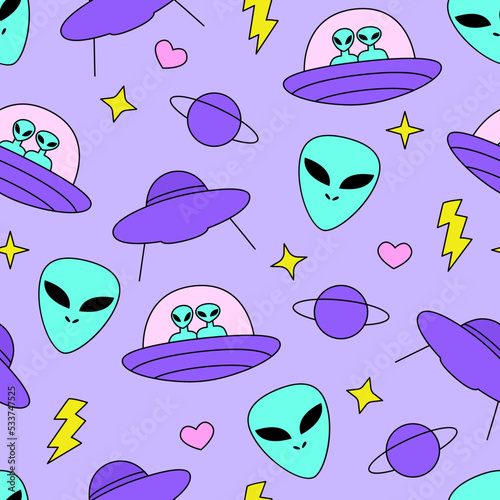 Seamless pattern with cute aliens and ufo ships, stars, hearts and saturn planet. Vector background
