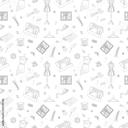 Seamless pattern with sewing elements. Sewing machines, dresses, buttons, scissors, needles, etc. Flat outline vector illustration.