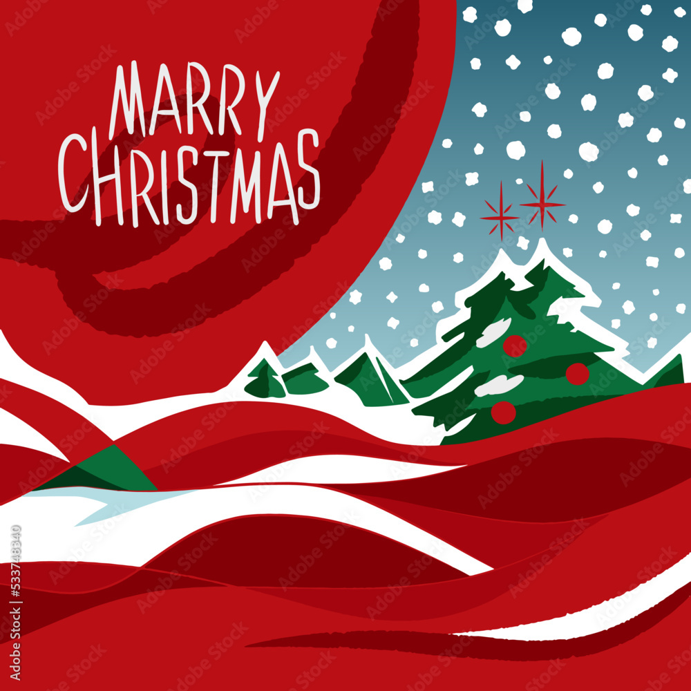 Luxury hand drawn Cristmas - New Year postcard with christmas trees and snowy lanscape, vintage vector style greeting red and green, complimentary colors classic mood Luxury hand drawn Cristmas - New Year postcard with christmas trees and snowy lanscape, vintage vector style greeting red and green, complimentary colors classic mood