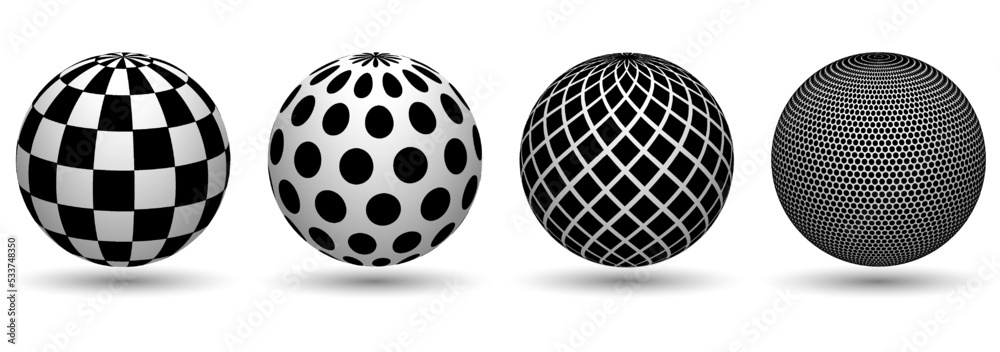 Set of halftone volumetric spheres. Collection of 3d spheres.