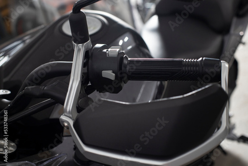 Brake, left handle, motorcycle steering wheel. Motorbike.