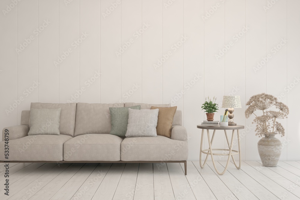 Obraz premium White living room with sofa. Scandinavian interior design. 3D illustration
