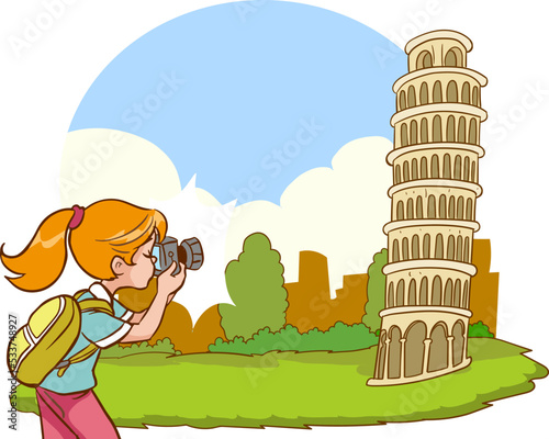 photographer girl takes photo of tower of pisa